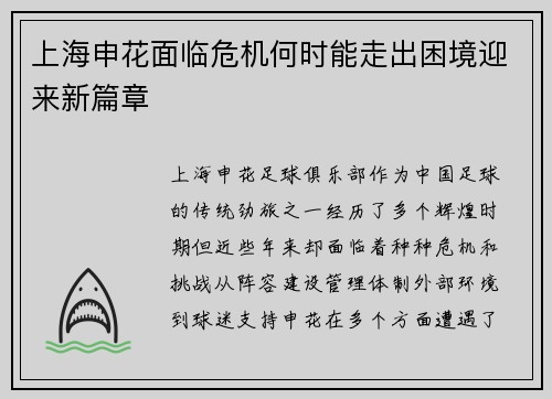 上海申花面临危机何时能走出困境迎来新篇章