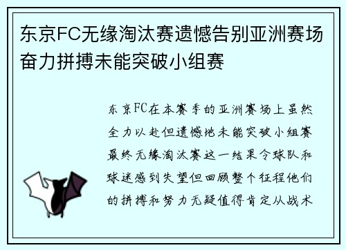 东京FC无缘淘汰赛遗憾告别亚洲赛场奋力拼搏未能突破小组赛