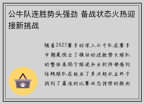 公牛队连胜势头强劲 备战状态火热迎接新挑战