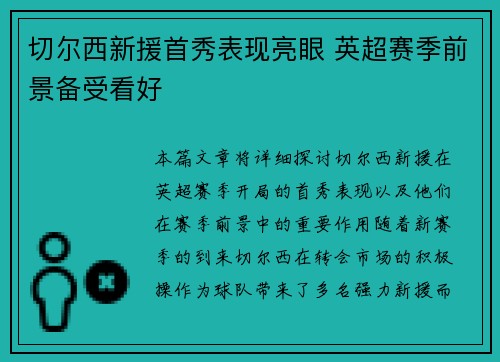 切尔西新援首秀表现亮眼 英超赛季前景备受看好
